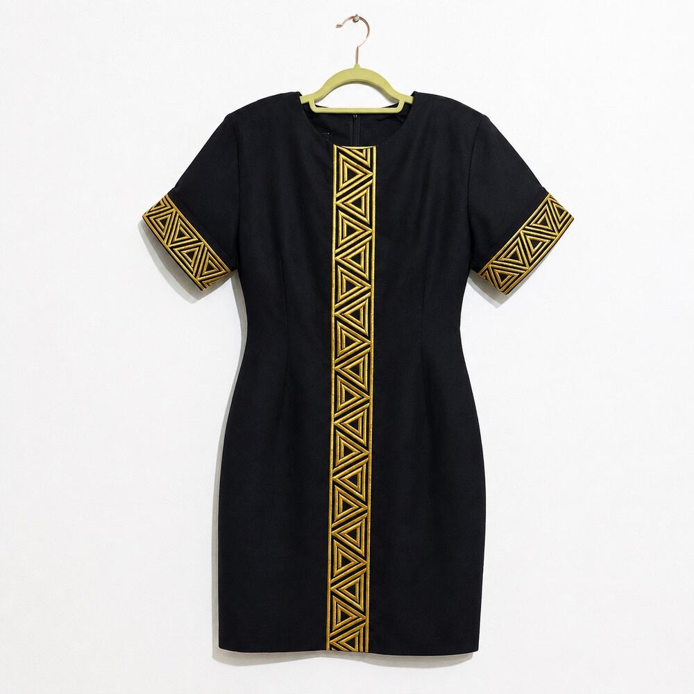 Et Al Black Ramie Blend Vintage Gold Geometric Trim Midi Sheath Dress Sz 12